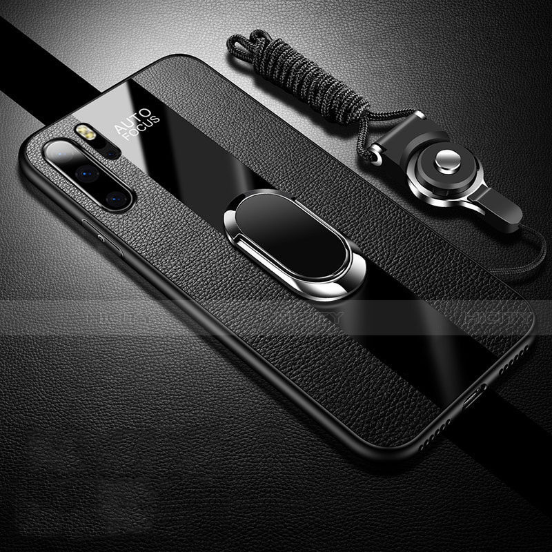 Funda Silicona Goma de Cuero Carcasa con Magnetico Anillo de dedo Soporte T03 para Huawei P30 Pro Negro