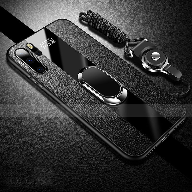 Funda Silicona Goma de Cuero Carcasa con Magnetico Anillo de dedo Soporte T03 para Huawei P30 Pro New Edition Negro