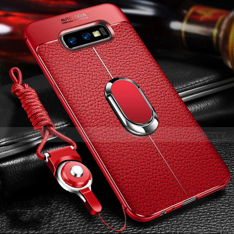 Funda Silicona Goma de Cuero Carcasa con Magnetico Anillo de dedo Soporte T03 para Samsung Galaxy S10e Rojo
