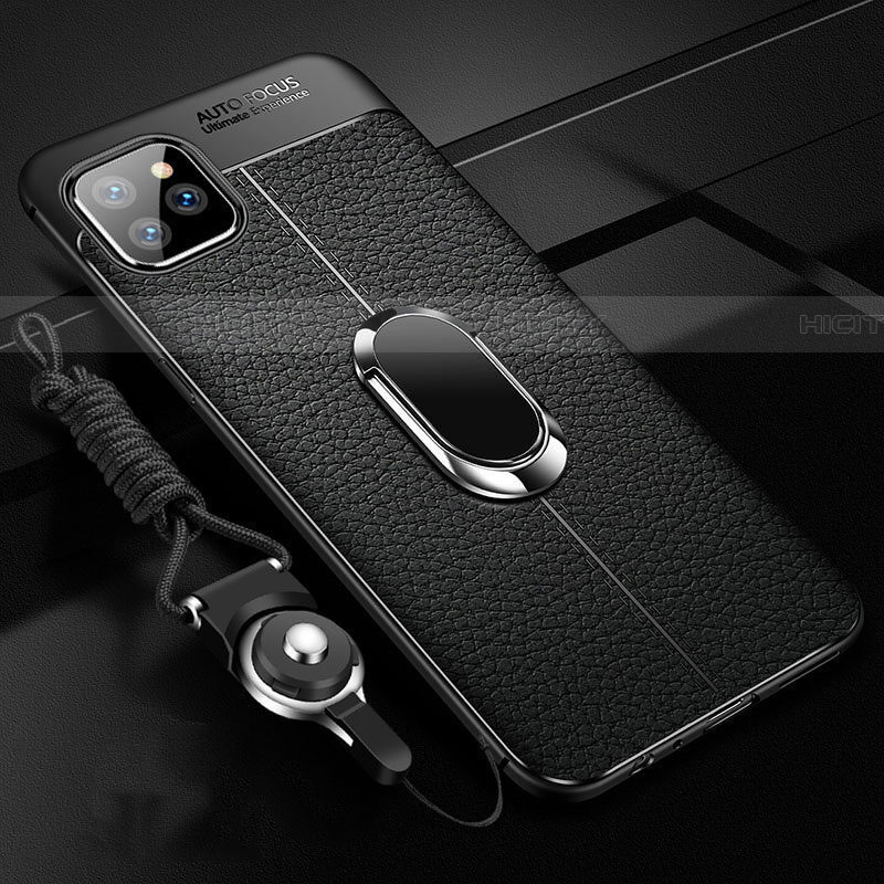Funda Silicona Goma de Cuero Carcasa con Magnetico Anillo de dedo Soporte T04 para Apple iPhone 11 Pro Max Negro