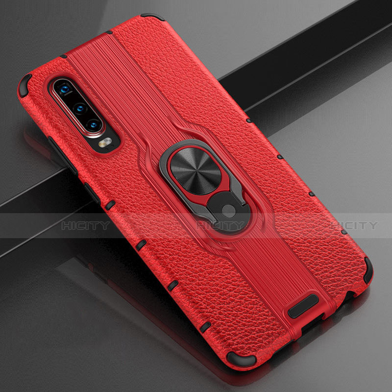 Funda Silicona Goma de Cuero Carcasa con Magnetico Anillo de dedo Soporte T04 para Huawei P30 Rojo