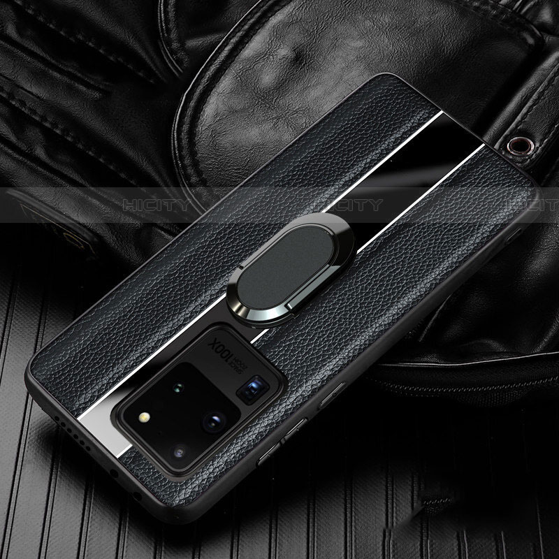 Funda Silicona Goma de Cuero Carcasa con Magnetico Anillo de dedo Soporte T04 para Samsung Galaxy S20 Ultra 5G Negro