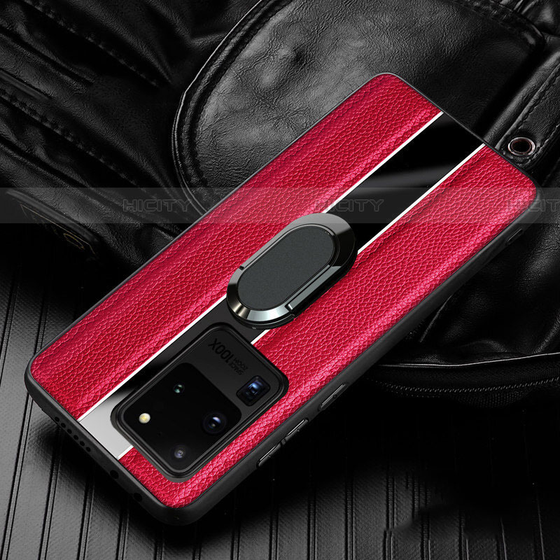 Funda Silicona Goma de Cuero Carcasa con Magnetico Anillo de dedo Soporte T04 para Samsung Galaxy S20 Ultra Rojo