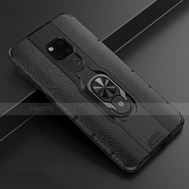 Funda Silicona Goma de Cuero Carcasa con Magnetico Anillo de dedo Soporte T05 para Huawei Mate 20 Negro