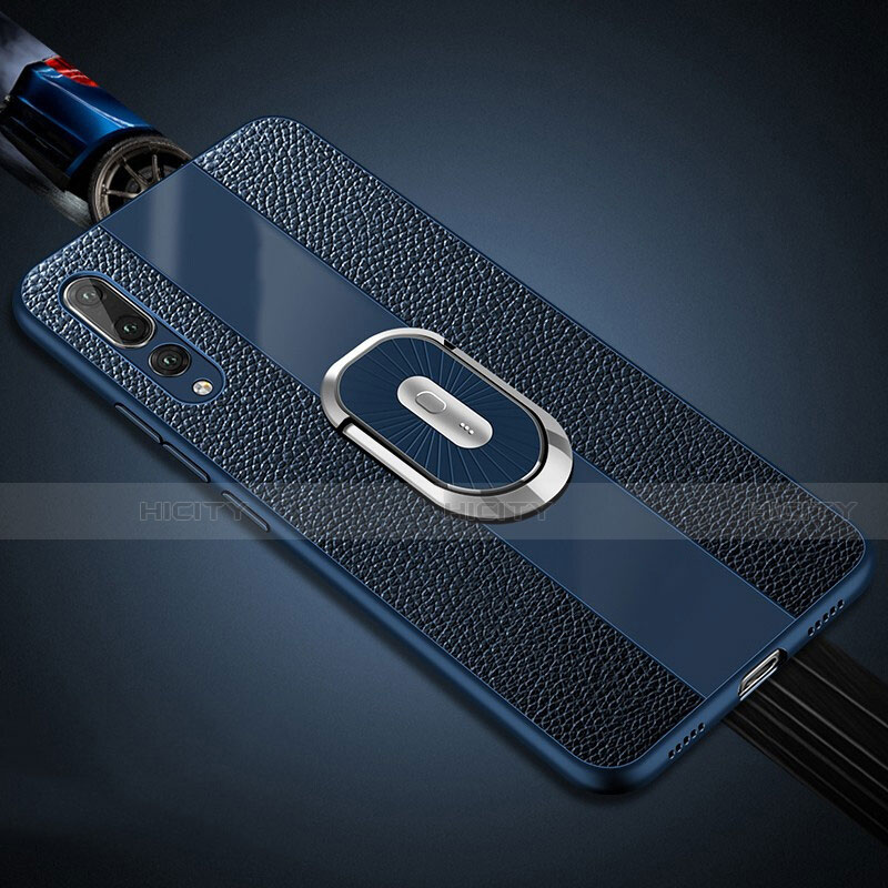 Funda Silicona Goma de Cuero Carcasa con Magnetico Anillo de dedo Soporte T05 para Huawei P20 Pro Azul