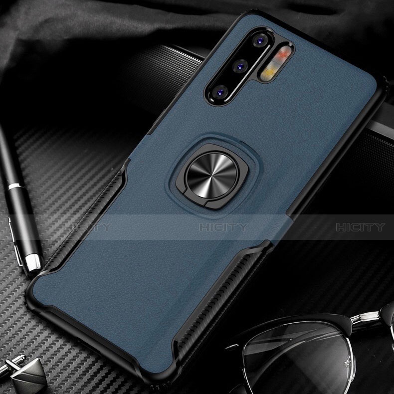 Funda Silicona Goma de Cuero Carcasa con Magnetico Anillo de dedo Soporte T05 para Huawei P30 Pro Azul