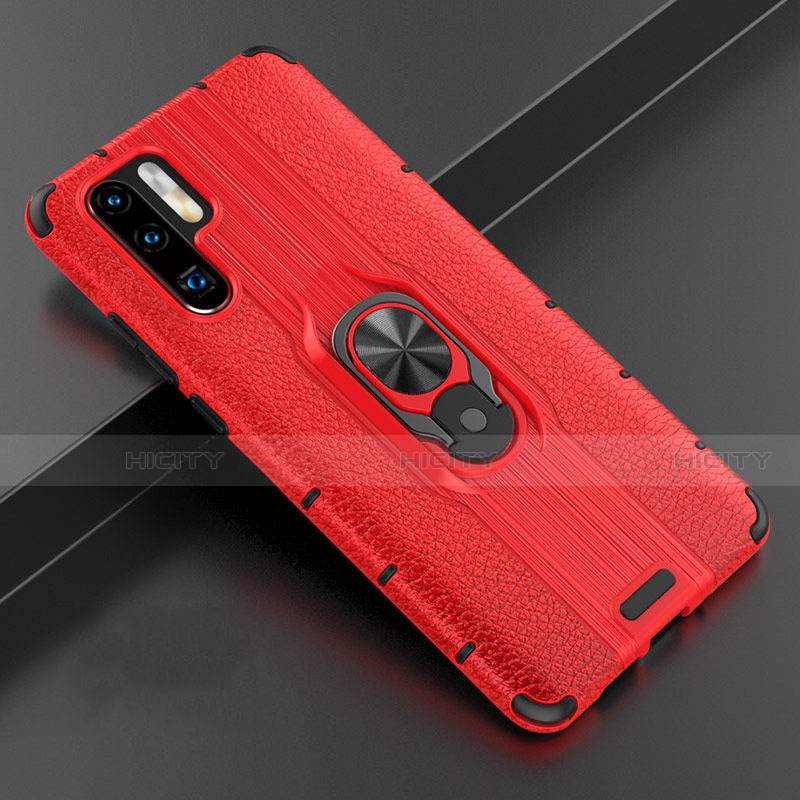 Funda Silicona Goma de Cuero Carcasa con Magnetico Anillo de dedo Soporte T06 para Huawei P30 Pro Rojo