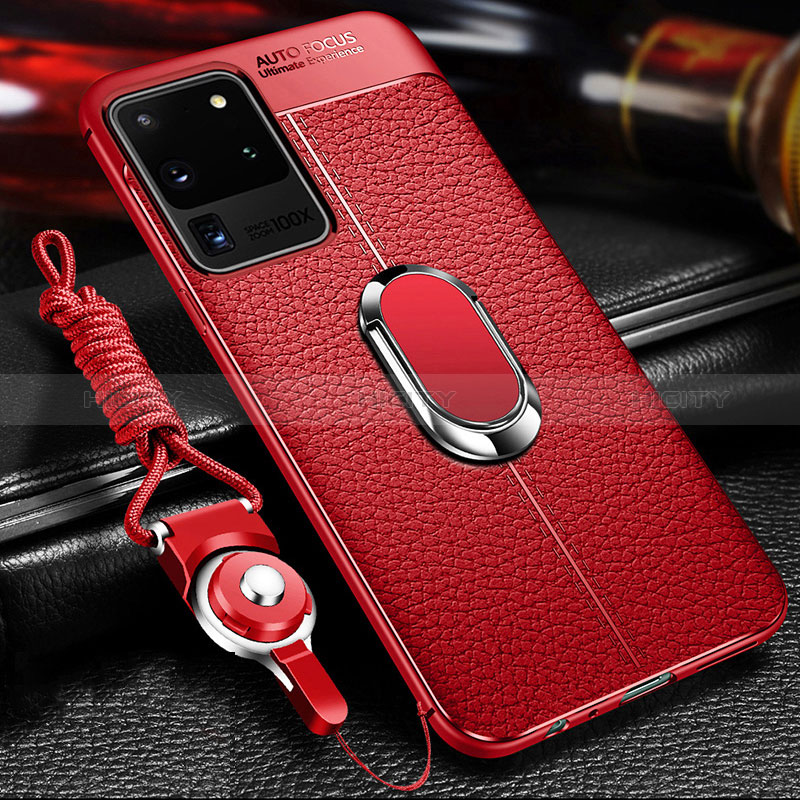 Funda Silicona Goma de Cuero Carcasa con Magnetico Anillo de dedo Soporte WL1 para Samsung Galaxy S20 Ultra 5G Rojo
