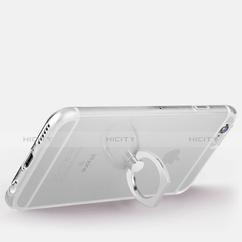 Funda Silicona Ultrafina Carcasa Transparente con Anillo de dedo Soporte S01 para Apple iPhone 6S Plata