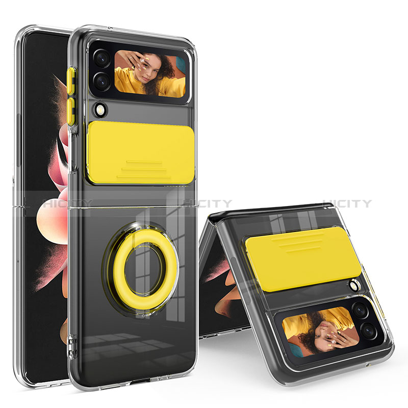 Funda Silicona Ultrafina Carcasa Transparente con Anillo de dedo Soporte S01 para Samsung Galaxy Z Flip3 5G Amarillo