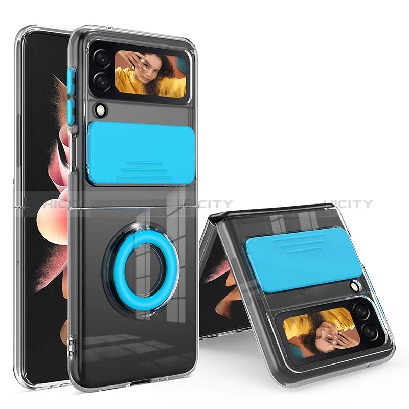 Funda Silicona Ultrafina Carcasa Transparente con Anillo de dedo Soporte S01 para Samsung Galaxy Z Flip3 5G Azul Cielo