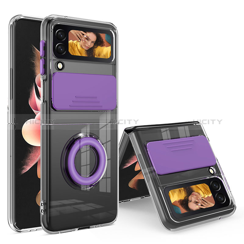 Funda Silicona Ultrafina Carcasa Transparente con Anillo de dedo Soporte S01 para Samsung Galaxy Z Flip3 5G Morado