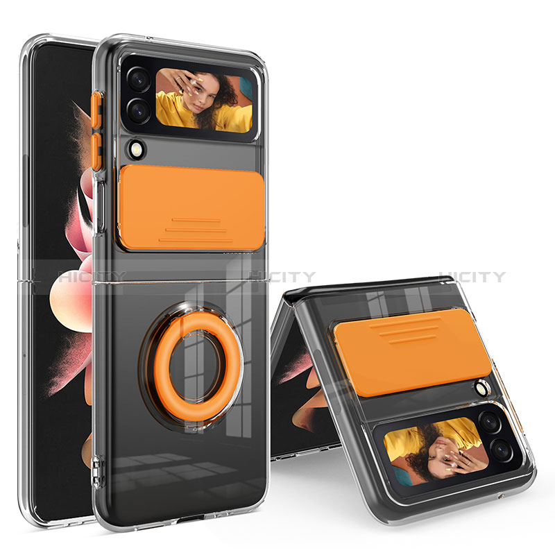 Funda Silicona Ultrafina Carcasa Transparente con Anillo de dedo Soporte S01 para Samsung Galaxy Z Flip3 5G Naranja