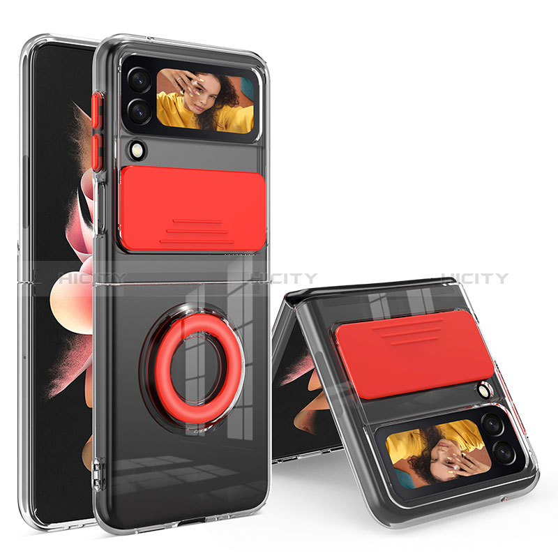 Funda Silicona Ultrafina Carcasa Transparente con Anillo de dedo Soporte S01 para Samsung Galaxy Z Flip3 5G Rojo