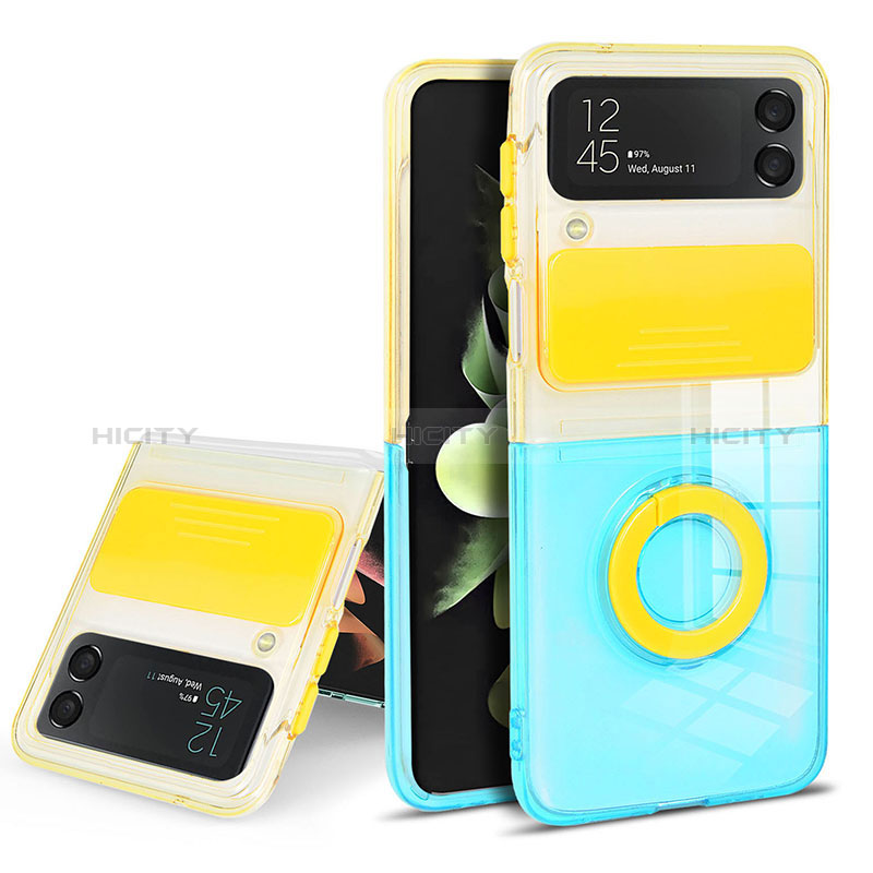 Funda Silicona Ultrafina Carcasa Transparente con Anillo de dedo Soporte S02 para Samsung Galaxy Z Flip3 5G Amarillo