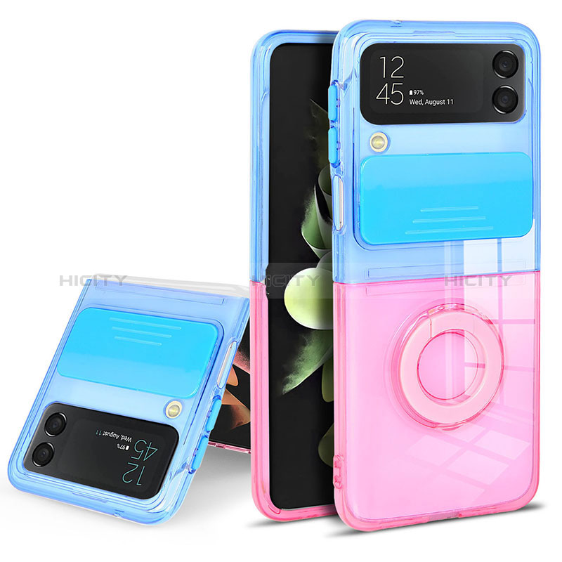 Funda Silicona Ultrafina Carcasa Transparente con Anillo de dedo Soporte S02 para Samsung Galaxy Z Flip3 5G Azul