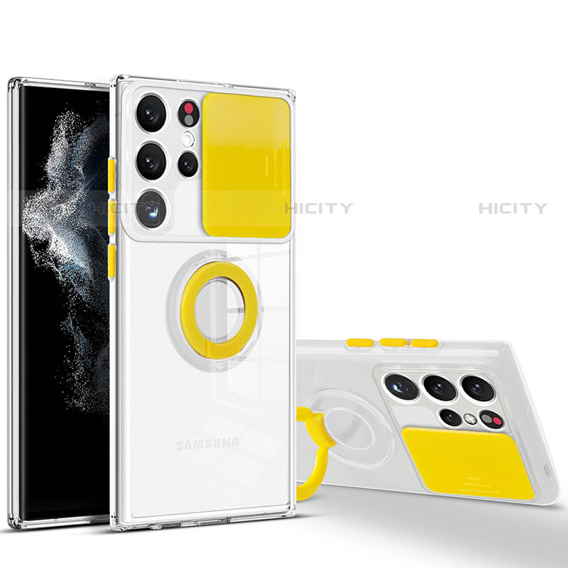 Funda Silicona Ultrafina Carcasa Transparente con Anillo de dedo Soporte S03 para Samsung Galaxy S21 Ultra 5G Amarillo