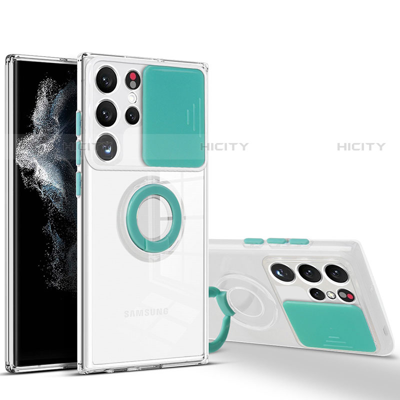 Funda Silicona Ultrafina Carcasa Transparente con Anillo de dedo Soporte S03 para Samsung Galaxy S21 Ultra 5G Menta Verde