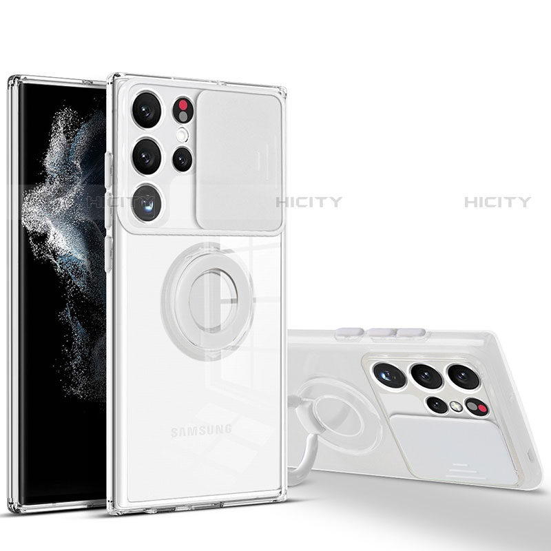 Funda Silicona Ultrafina Carcasa Transparente con Anillo de dedo Soporte S03 para Samsung Galaxy S22 Ultra 5G Blanco