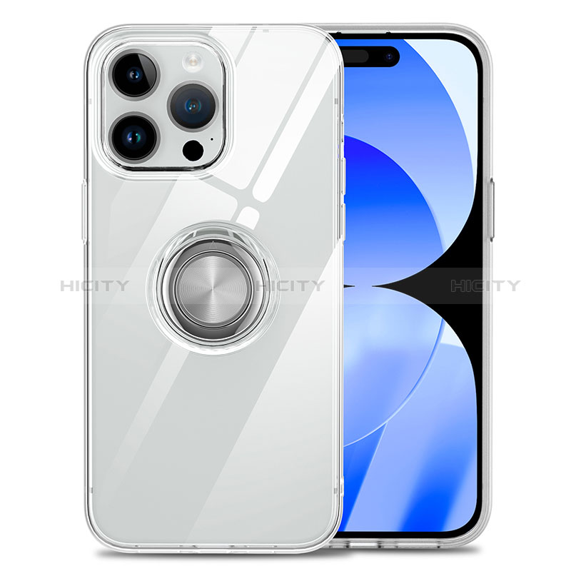 Funda Silicona Ultrafina Carcasa Transparente con Magnetico Anillo de dedo Soporte A01 para Apple iPhone 14 Pro Max Claro