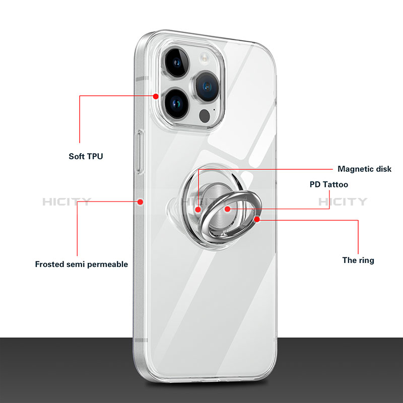 Funda Silicona Ultrafina Carcasa Transparente con Magnetico Anillo de dedo Soporte A01 para Apple iPhone 14 Pro Max Claro