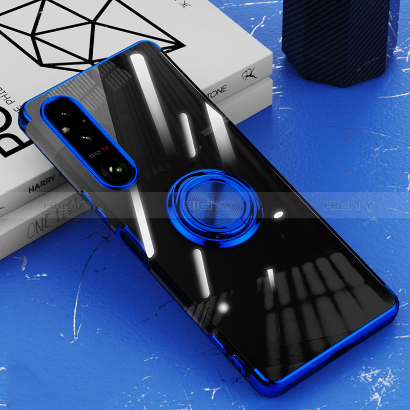 Funda Silicona Ultrafina Carcasa Transparente con Magnetico Anillo de dedo Soporte AN1 para Sony Xperia 1 V Azul