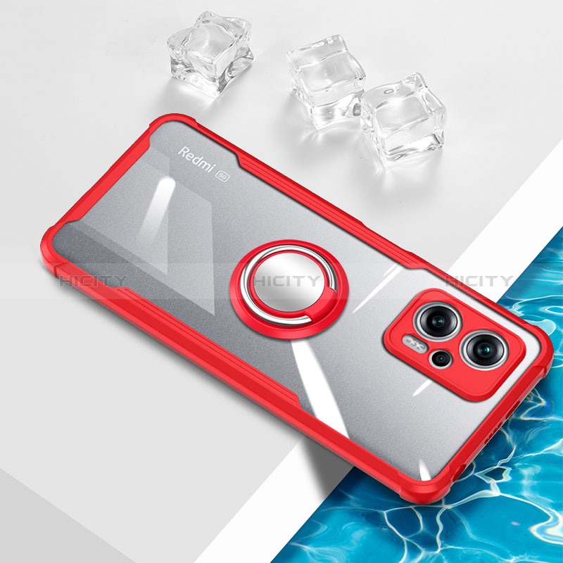 Funda Silicona Ultrafina Carcasa Transparente con Magnetico Anillo de dedo Soporte BH1 para Xiaomi Redmi Note 11T Pro+ Plus 5G Rojo