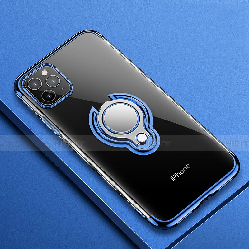 Funda Silicona Ultrafina Carcasa Transparente con Magnetico Anillo de dedo Soporte C01 para Apple iPhone 11 Pro Azul