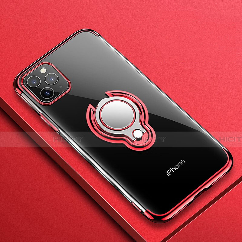 Funda Silicona Ultrafina Carcasa Transparente con Magnetico Anillo de dedo Soporte C01 para Apple iPhone 11 Pro Rojo