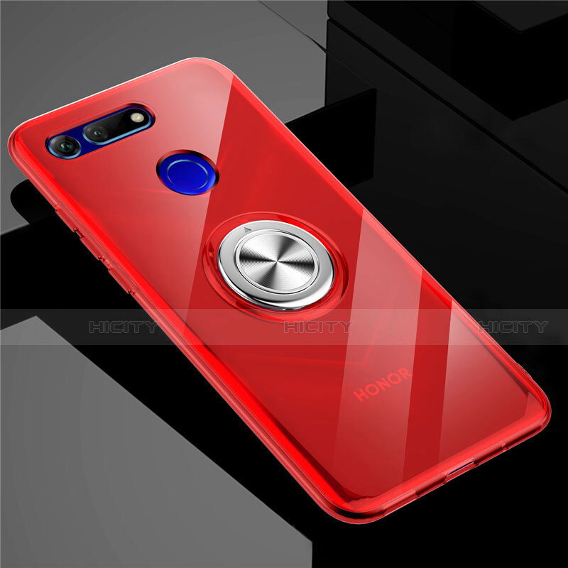 Funda Silicona Ultrafina Carcasa Transparente con Magnetico Anillo de dedo Soporte C01 para Huawei Honor View 20 Rojo