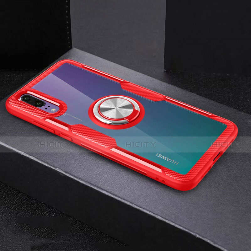 Funda Silicona Ultrafina Carcasa Transparente con Magnetico Anillo de dedo Soporte C01 para Huawei P20 Rojo