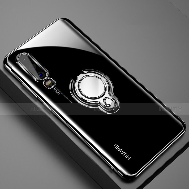 Funda Silicona Ultrafina Carcasa Transparente con Magnetico Anillo de dedo Soporte C01 para Huawei P30 Negro