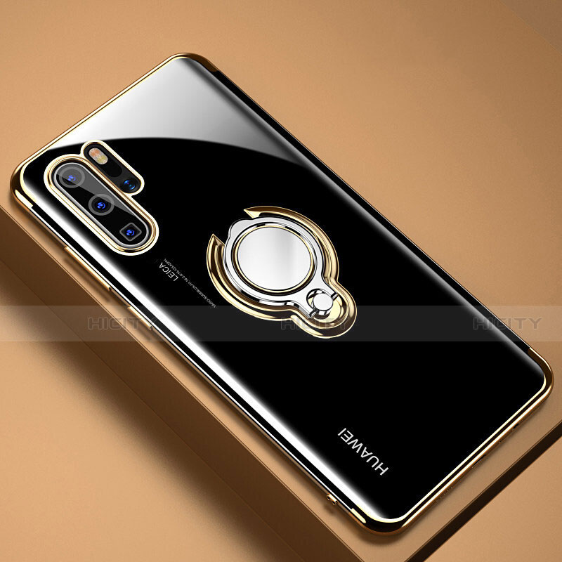 Funda Silicona Ultrafina Carcasa Transparente con Magnetico Anillo de dedo Soporte C01 para Huawei P30 Pro Oro