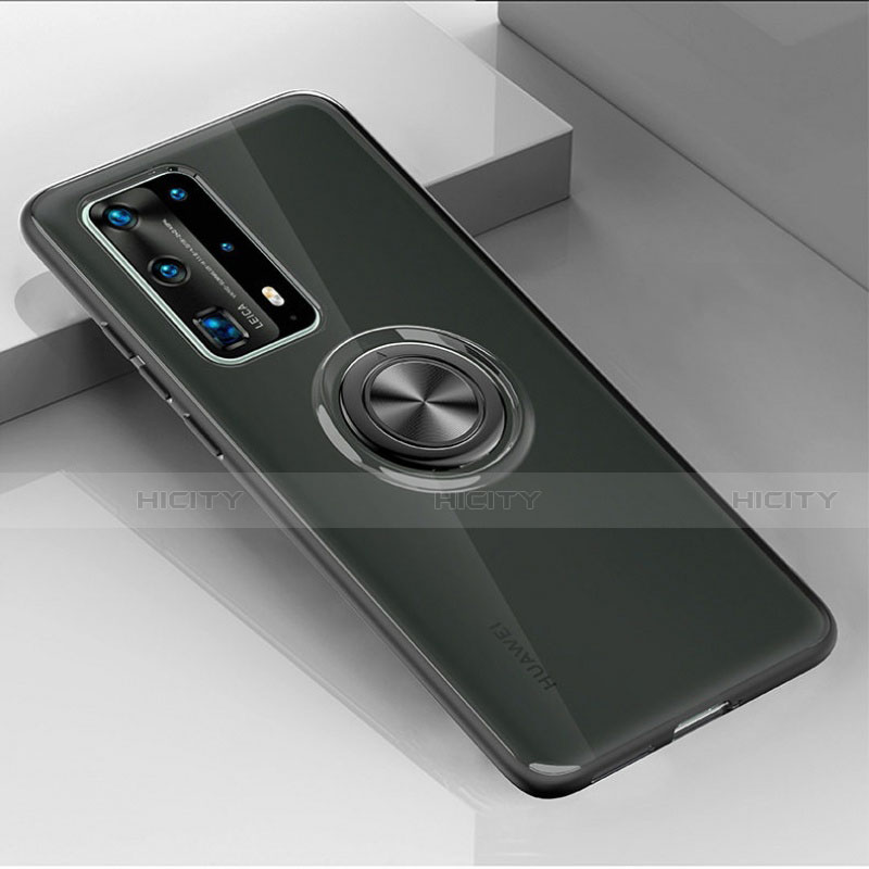 Funda Silicona Ultrafina Carcasa Transparente con Magnetico Anillo de dedo Soporte C01 para Huawei P40 Pro+ Plus Negro