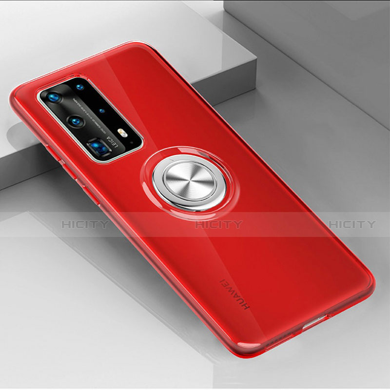 Funda Silicona Ultrafina Carcasa Transparente con Magnetico Anillo de dedo Soporte C01 para Huawei P40 Pro+ Plus Rojo