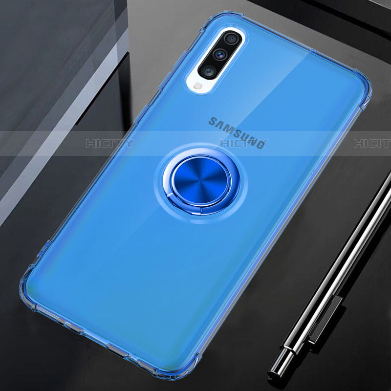 Funda Silicona Ultrafina Carcasa Transparente con Magnetico Anillo de dedo Soporte C01 para Samsung Galaxy A70 Azul