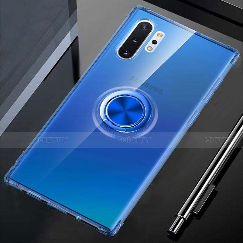 Funda Silicona Ultrafina Carcasa Transparente con Magnetico Anillo de dedo Soporte C01 para Samsung Galaxy Note 10 Plus 5G Azul
