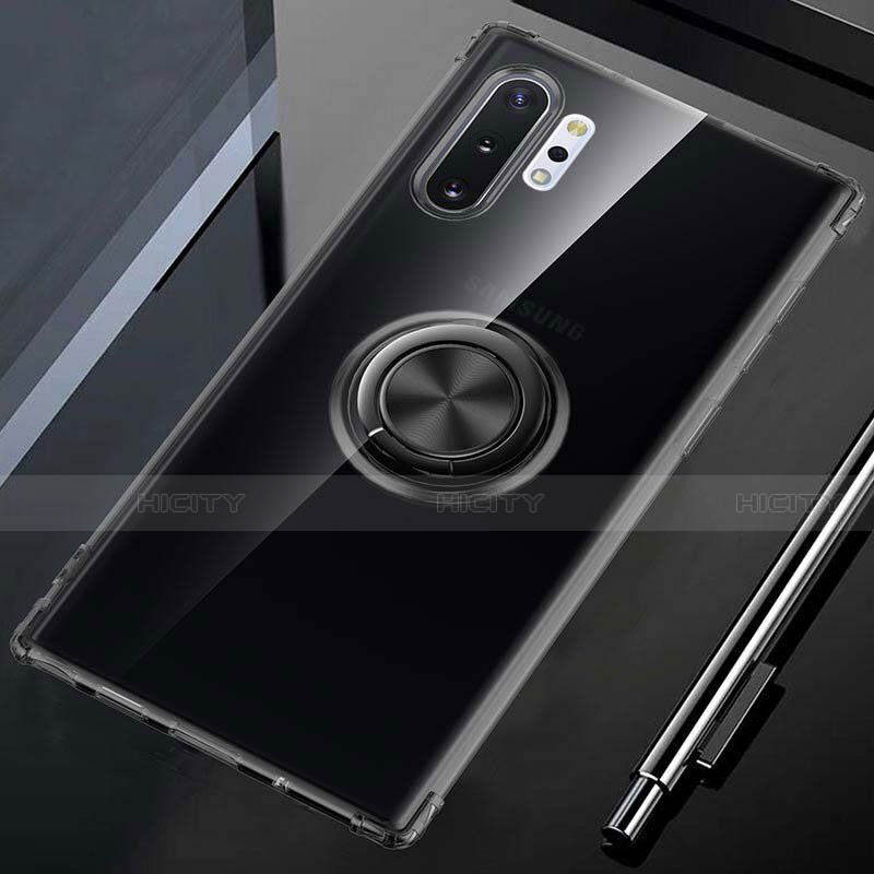 Funda Silicona Ultrafina Carcasa Transparente con Magnetico Anillo de dedo Soporte C01 para Samsung Galaxy Note 10 Plus Negro