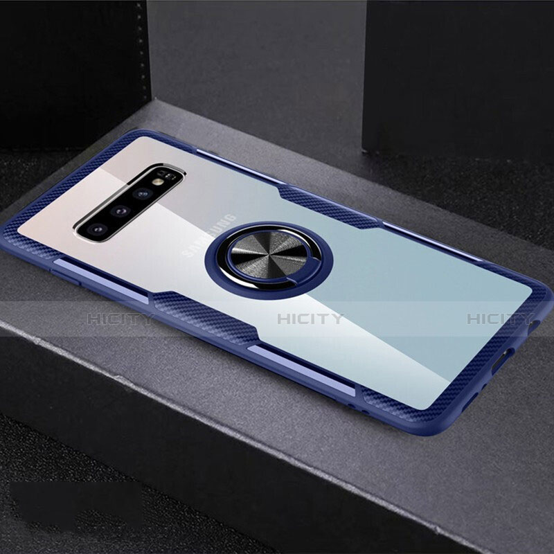 Funda Silicona Ultrafina Carcasa Transparente con Magnetico Anillo de dedo Soporte C01 para Samsung Galaxy S10 Plus Azul Cielo