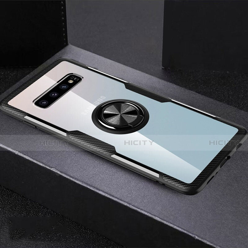 Funda Silicona Ultrafina Carcasa Transparente con Magnetico Anillo de dedo Soporte C01 para Samsung Galaxy S10 Plus Negro