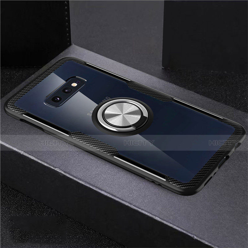 Funda Silicona Ultrafina Carcasa Transparente con Magnetico Anillo de dedo Soporte C01 para Samsung Galaxy S10e Plata y Negro