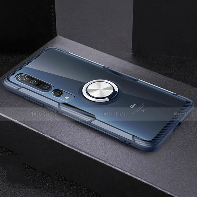 Funda Silicona Ultrafina Carcasa Transparente con Magnetico Anillo de dedo Soporte C01 para Xiaomi Mi 10 Pro Azul Cielo