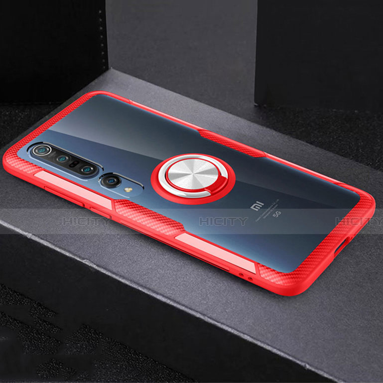 Funda Silicona Ultrafina Carcasa Transparente con Magnetico Anillo de dedo Soporte C01 para Xiaomi Mi 10 Pro Rojo