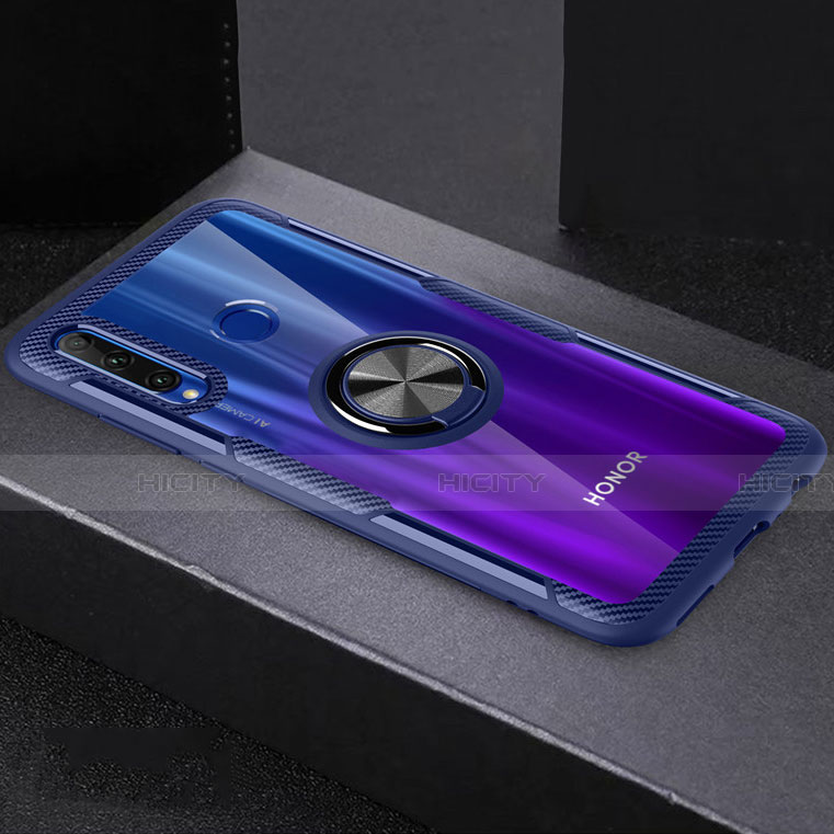 Funda Silicona Ultrafina Carcasa Transparente con Magnetico Anillo de dedo Soporte C02 para Huawei Honor 20 Lite Azul y Negro