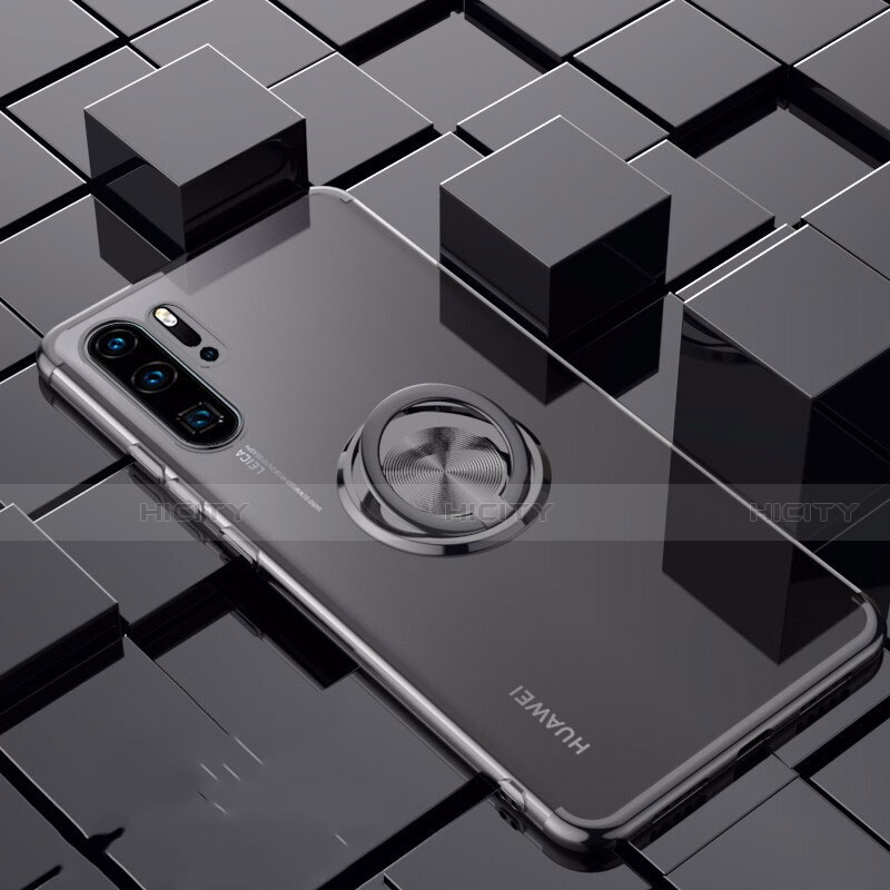 Funda Silicona Ultrafina Carcasa Transparente con Magnetico Anillo de dedo Soporte C02 para Huawei P30 Pro Negro