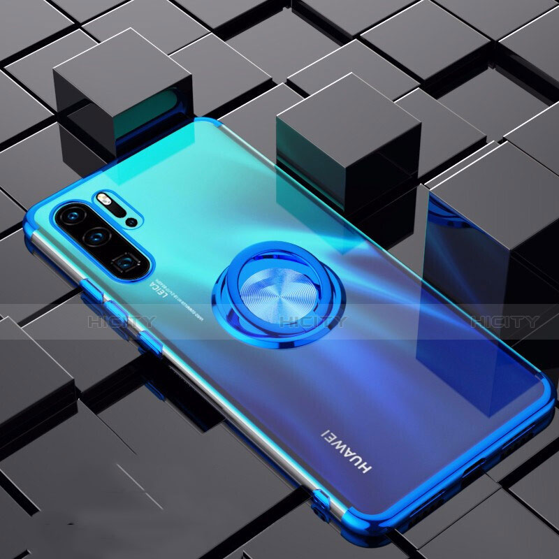 Funda Silicona Ultrafina Carcasa Transparente con Magnetico Anillo de dedo Soporte C02 para Huawei P30 Pro New Edition Azul