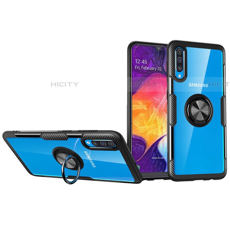 Funda Silicona Ultrafina Carcasa Transparente con Magnetico Anillo de dedo Soporte C02 para Samsung Galaxy A70S Negro