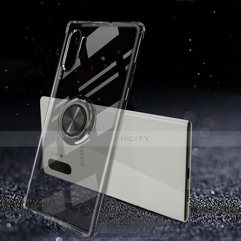Funda Silicona Ultrafina Carcasa Transparente con Magnetico Anillo de dedo Soporte C02 para Samsung Galaxy Note 10 Plus Negro