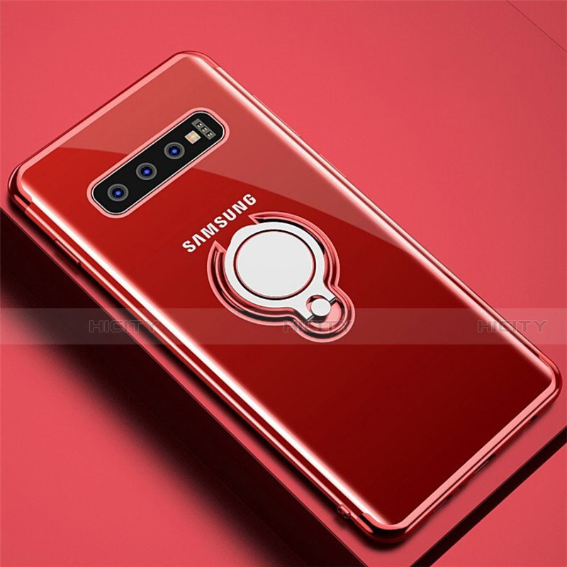 Funda Silicona Ultrafina Carcasa Transparente con Magnetico Anillo de dedo Soporte C02 para Samsung Galaxy S10 Rojo