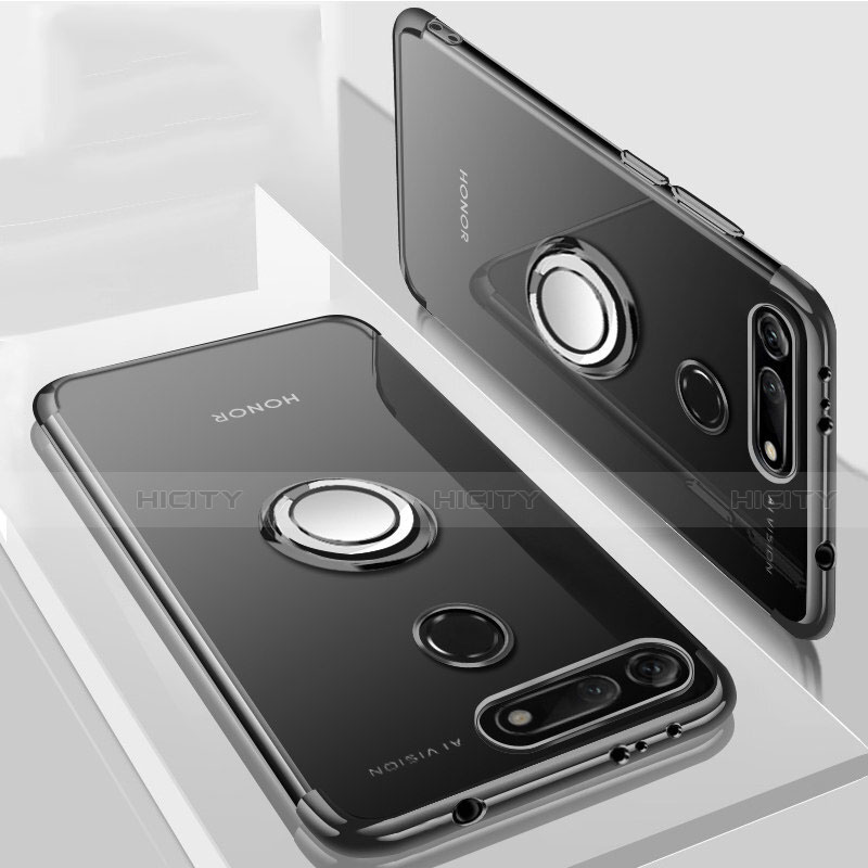 Funda Silicona Ultrafina Carcasa Transparente con Magnetico Anillo de dedo Soporte C03 para Huawei Honor View 20 Negro